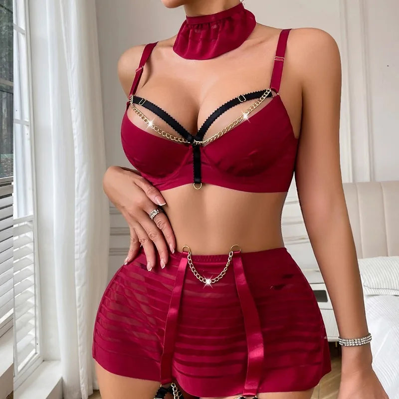 Toucheart Lingerie Underwear Fancy Uncensored Metal Chain Mesh Perspective Lingerie 5-Piece Set