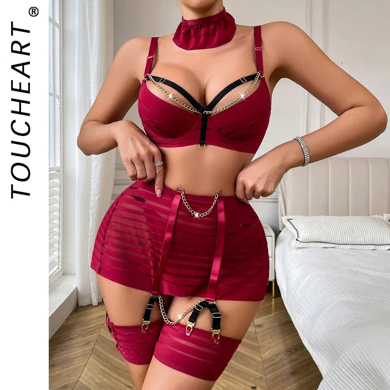 Toucheart Lingerie Underwear Fancy Uncensored Metal Chain Mesh Perspective Lingerie 5-Piece Set
