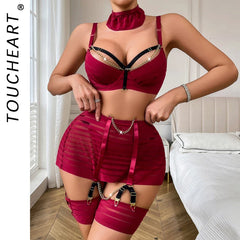 Toucheart Lingerie Underwear Fancy Uncensored Metal Chain Mesh Perspective Lingerie 5-Piece Set