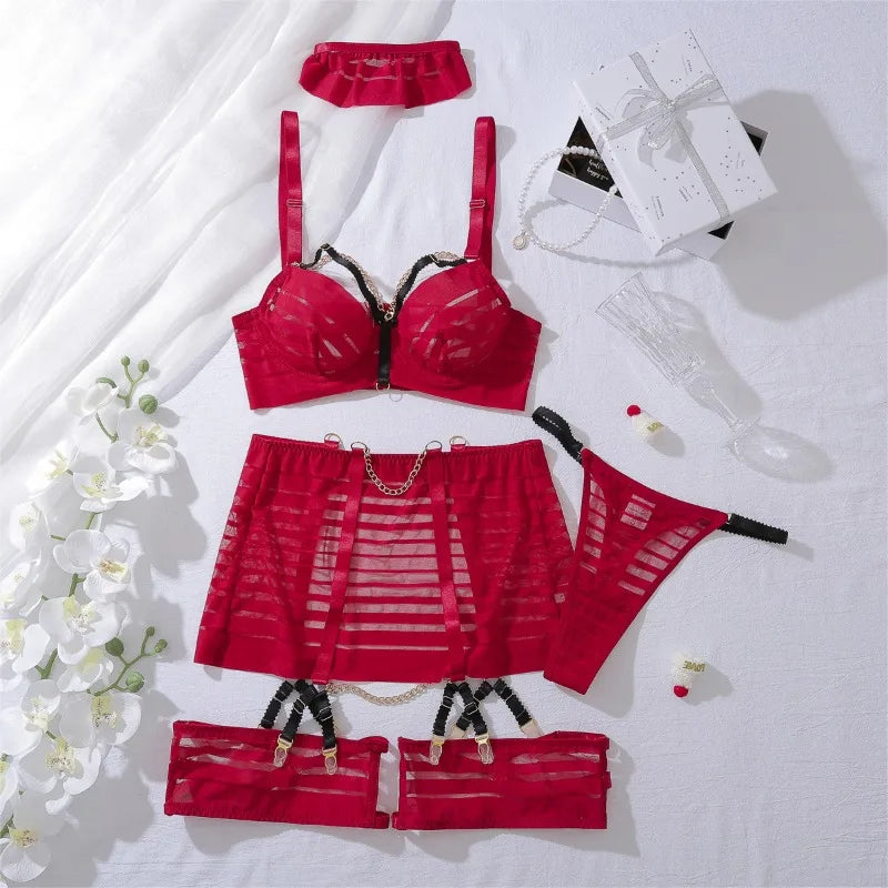 Toucheart Lingerie Underwear Fancy Uncensored Metal Chain Mesh Perspective Lingerie 5-Piece Set