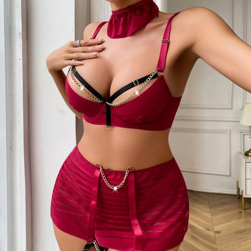 Toucheart Lingerie Underwear Fancy Uncensored Metal Chain Mesh Perspective Lingerie 5-Piece Set