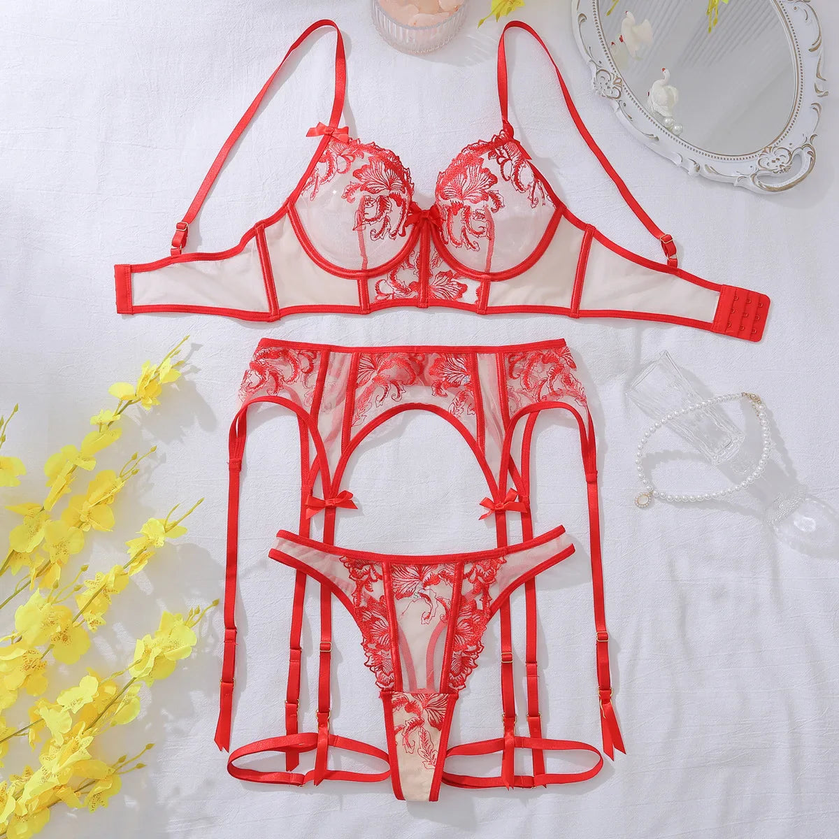 Toucheart Lingerie Underwear Fancy Uncensored Floral Lace Perspective Lingerie 4-piece Set