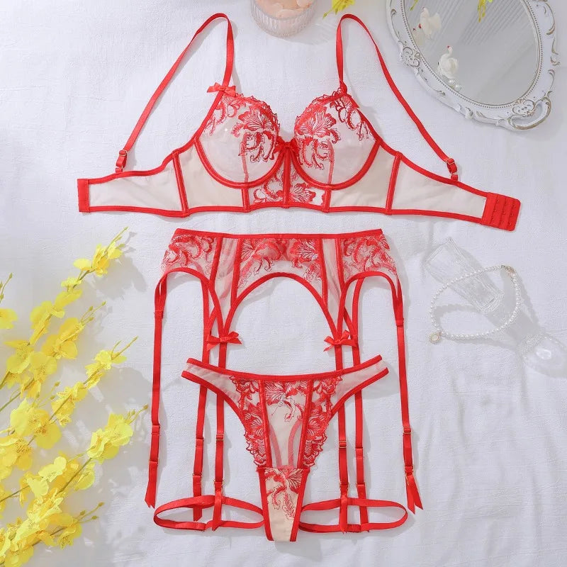 Toucheart Lingerie Underwear Fancy Uncensored Floral Lace Perspective Lingerie 4-piece Set