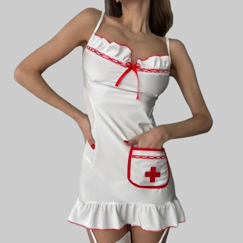 Toucheart Deep V Nurse Sling Skirt Cosplay Uniform Slim See-through Romantic Premium Underwear Set