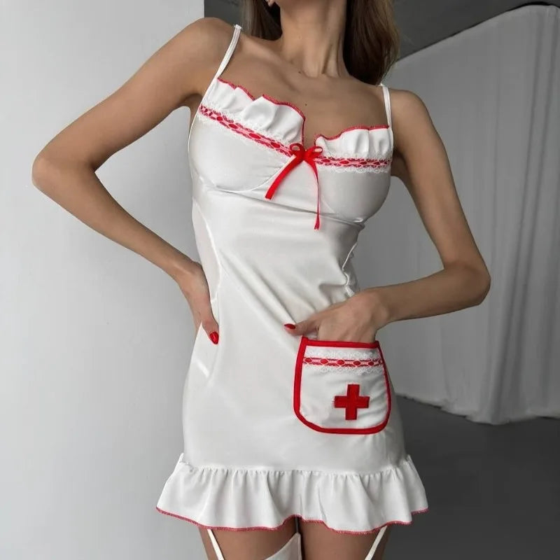 Toucheart Deep V Nurse Sling Skirt Cosplay Uniform Slim See-through Romantic Premium Underwear Set