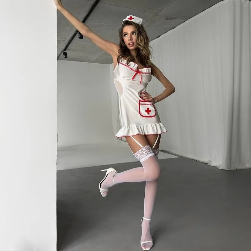 Toucheart Deep V Nurse Sling Skirt Cosplay Uniform Slim See-through Romantic Premium Underwear Set