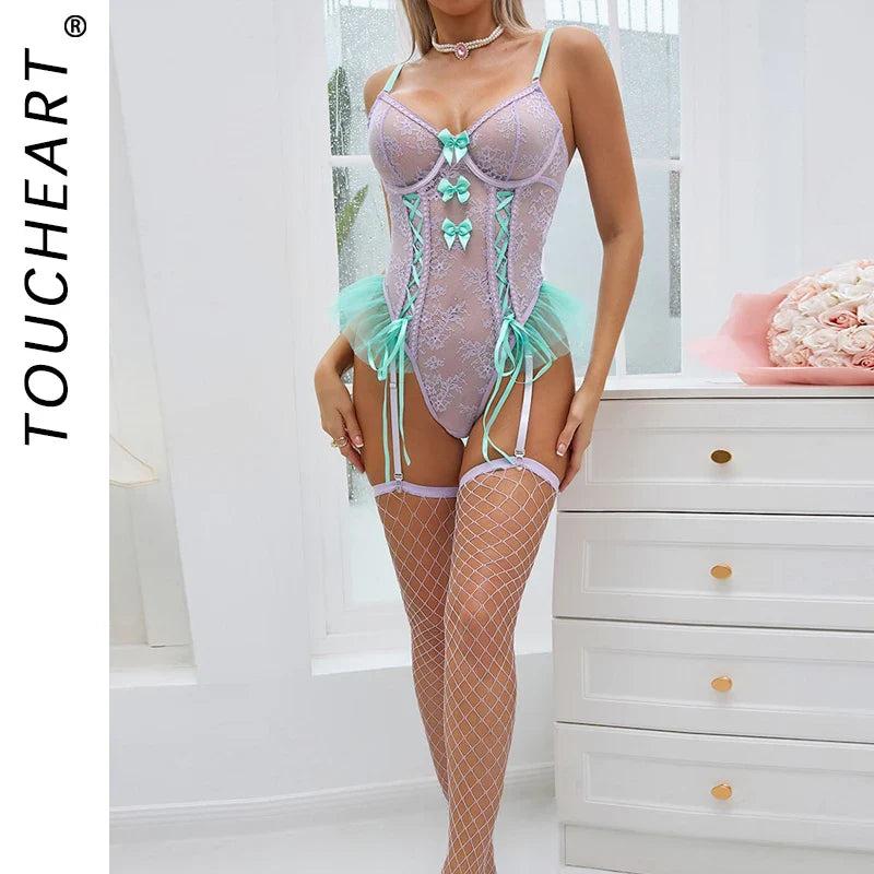 Toucheart Dress with Net Stockings Contrasting Thin Shoulder Straps Backless Versatile Cute Bow Slim Lace Perspective Skirt