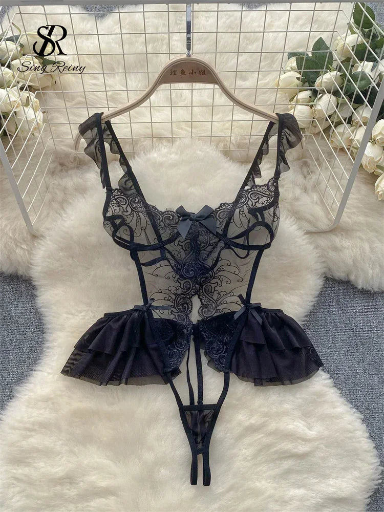 Toucheart Embroidered Jumpsuit Lace Playsuits Sheath Lingerie Ruffles Jumpsuits Transparent Bodysuits