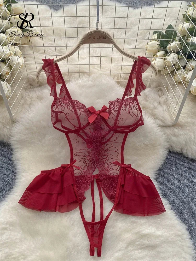 Toucheart Embroidered Jumpsuit Lace Playsuits Sheath Lingerie Ruffles Jumpsuits Transparent Bodysuits