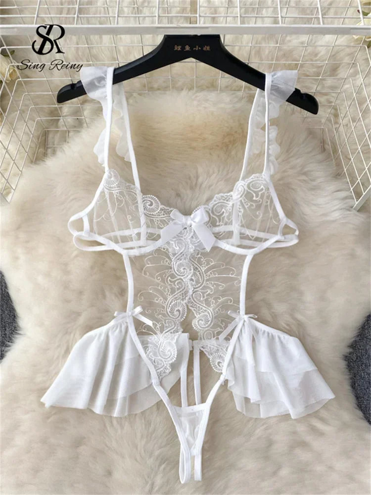 Toucheart Embroidered Jumpsuit Lace Playsuits Sheath Lingerie Ruffles Jumpsuits Transparent Bodysuits