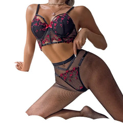 Toucheart Embroidery Lingerie Suit Mesh See-through 3-piece Underwear Pantyhose