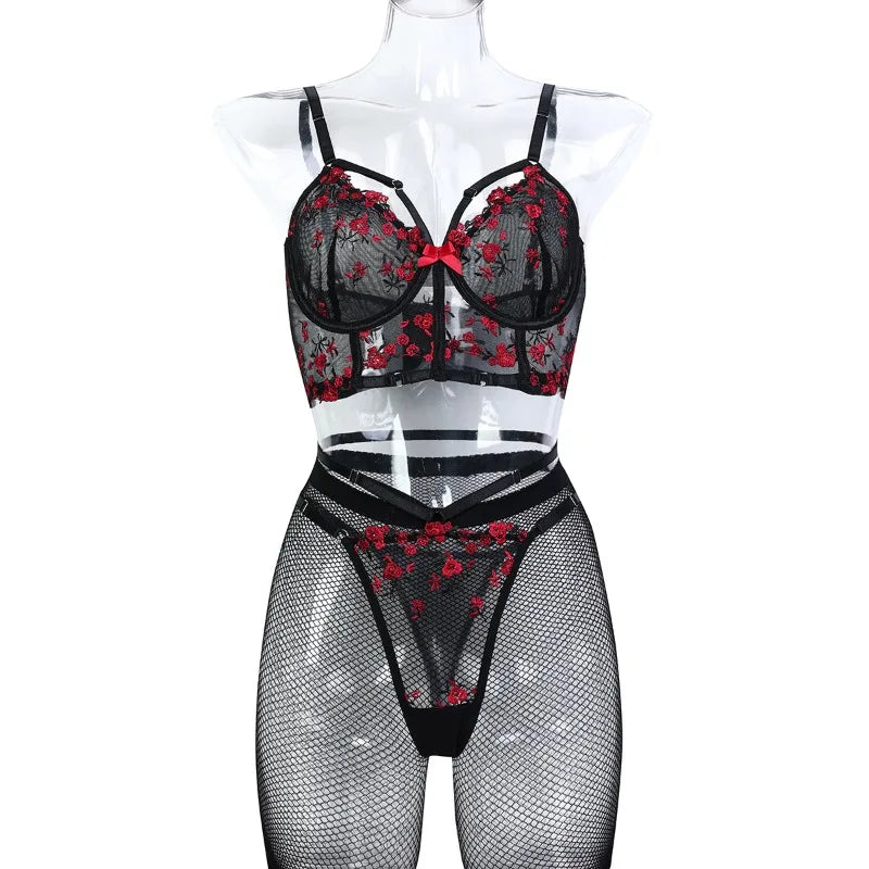 Toucheart Embroidery Lingerie Suit Mesh See-through 3-piece Underwear Pantyhose