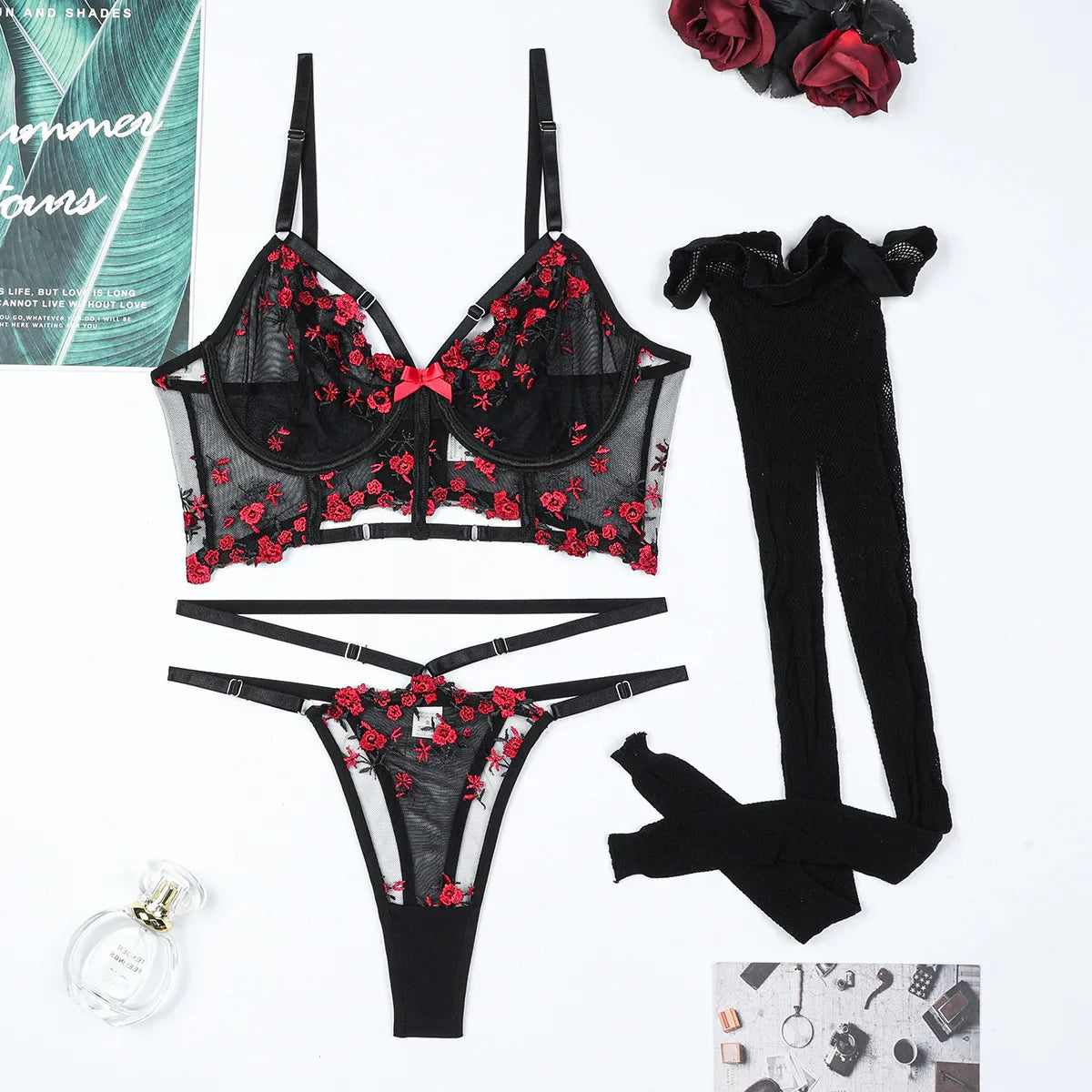 Toucheart Embroidery Lingerie Suit Mesh See-through 3-piece Underwear Pantyhose