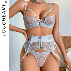 Toucheart Embroidery Lingerie Suit Solid Color Mesh See-through Garters Underwear 3-piece Set