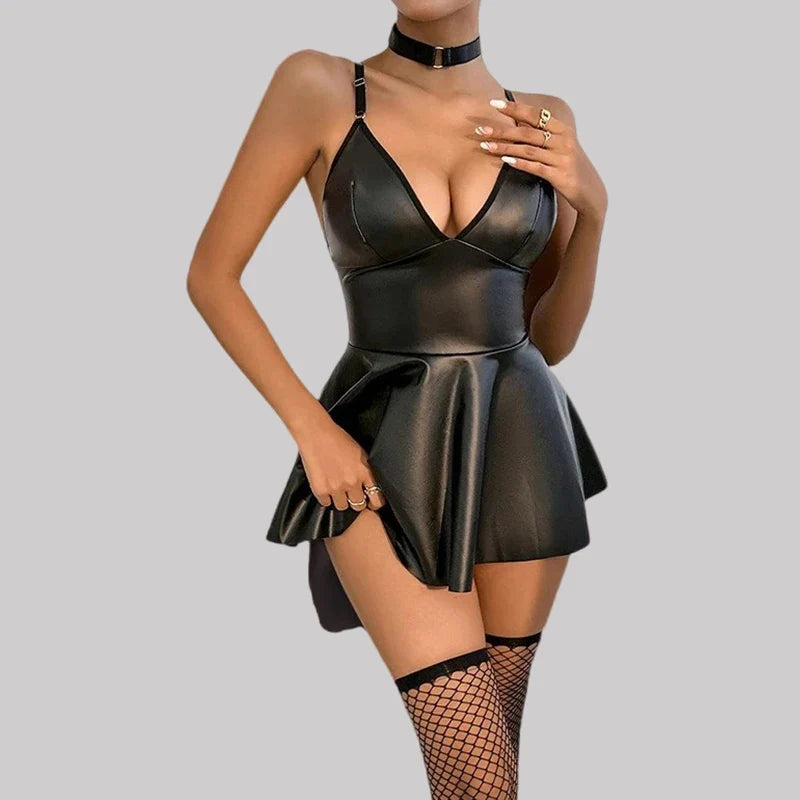 Toucheart Erotic Lingerie Set 3 Piece Set PU Collar Lingerie Suit Pajamas Sex Uniform Underwear Set