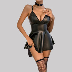 Toucheart Erotic Lingerie Set 3 Piece Set PU Collar Lingerie Suit Pajamas Sex Uniform Underwear Set