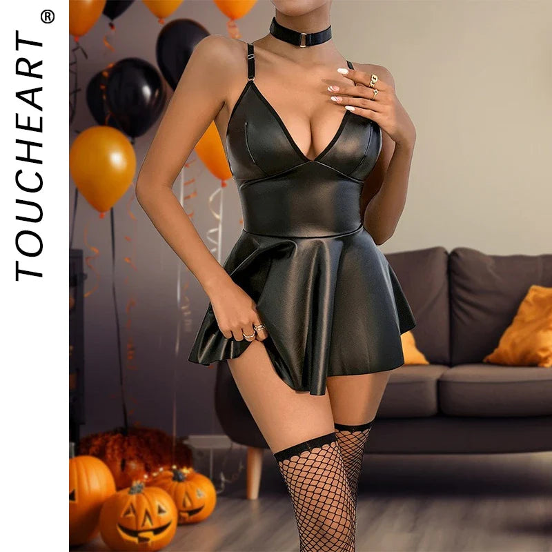 Toucheart Erotic Lingerie Set 3 Piece Set PU Collar Lingerie Suit Pajamas Sex Uniform Underwear Set