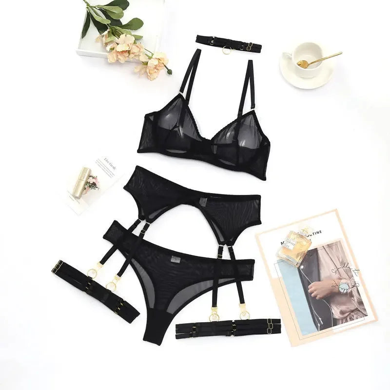 Toucheart Erotic Lingerie Underwear Bra Garters Brief Sets Transparent Lace Seamless Mesh Underwear Suit
