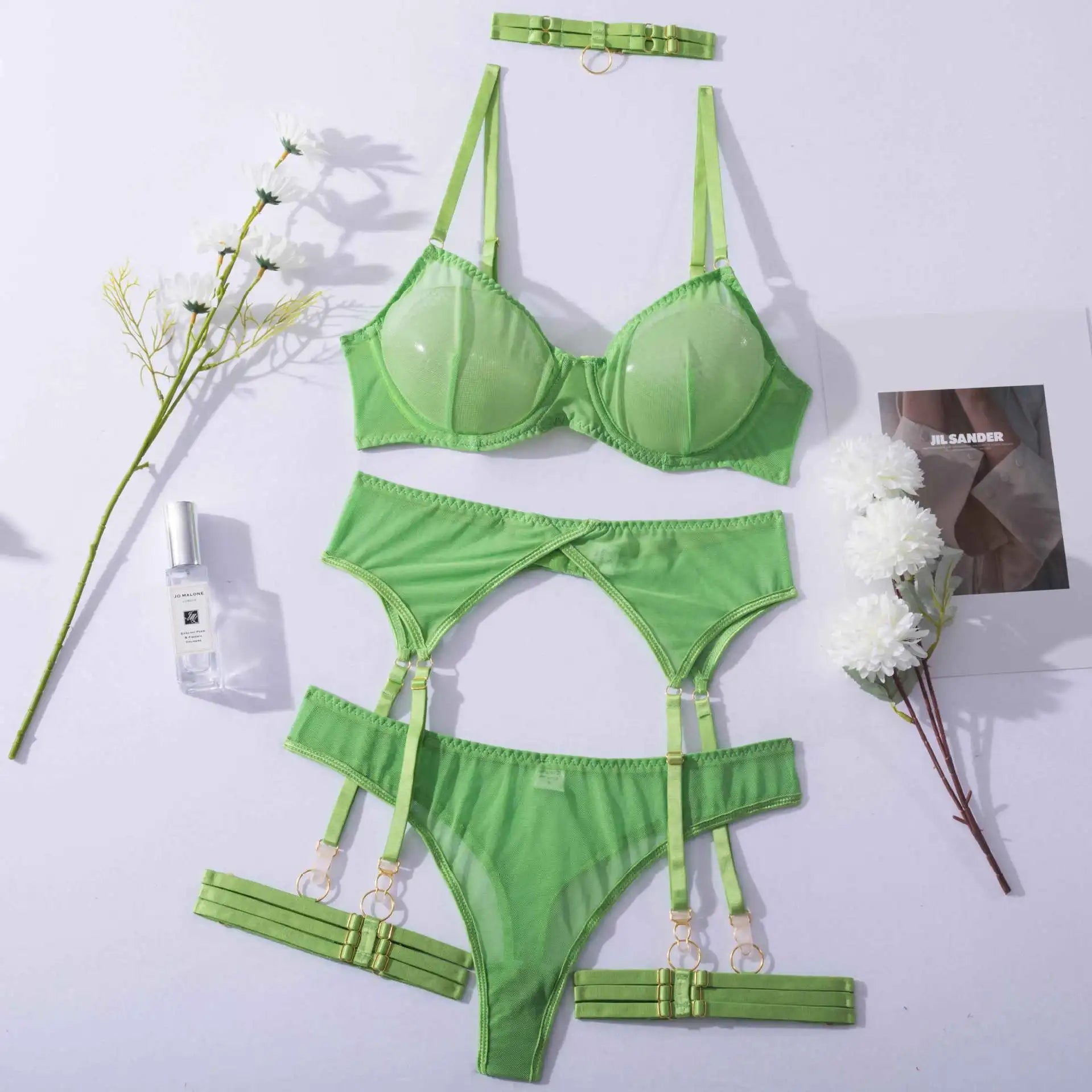 Toucheart Erotic Lingerie Underwear Bra Garters Brief Sets Transparent Lace Seamless Mesh See-through Underwear