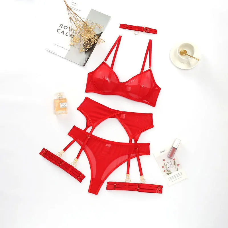 Toucheart Erotic Lingerie Underwear Bra Garters Brief Sets Transparent Lace Seamless Mesh See-through Underwear