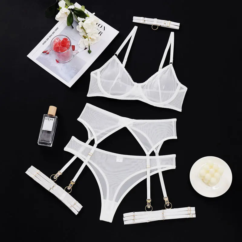 Toucheart Erotic Lingerie Underwear Bra Garters Brief Sets Transparent Lace Seamless Mesh See-through Underwear
