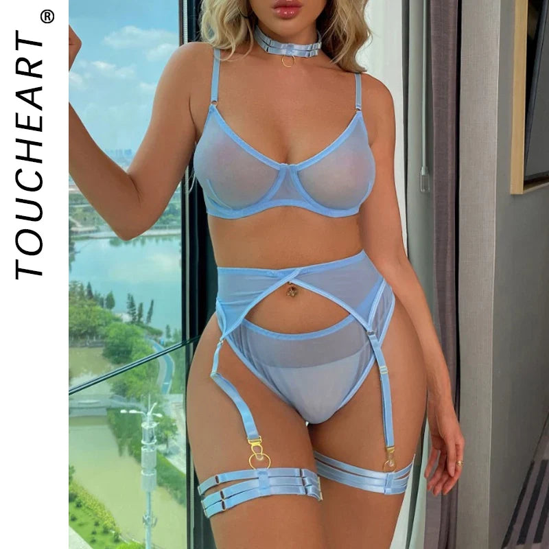 Toucheart Erotic Lingerie Underwear Bra Garters Brief Sets Transparent Lace Seamless Mesh See-through Underwear
