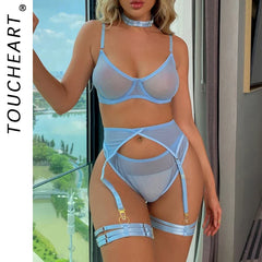 Toucheart Erotic Lingerie Underwear Bra Garters Brief Sets Transparent Lace Seamless Mesh See-through Underwear
