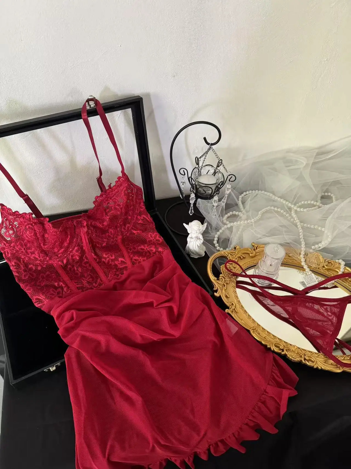 Toucheart Erotic Pajamas Sling Mesh Solid Color Slim Backless See-through Elegant Pajamas Set