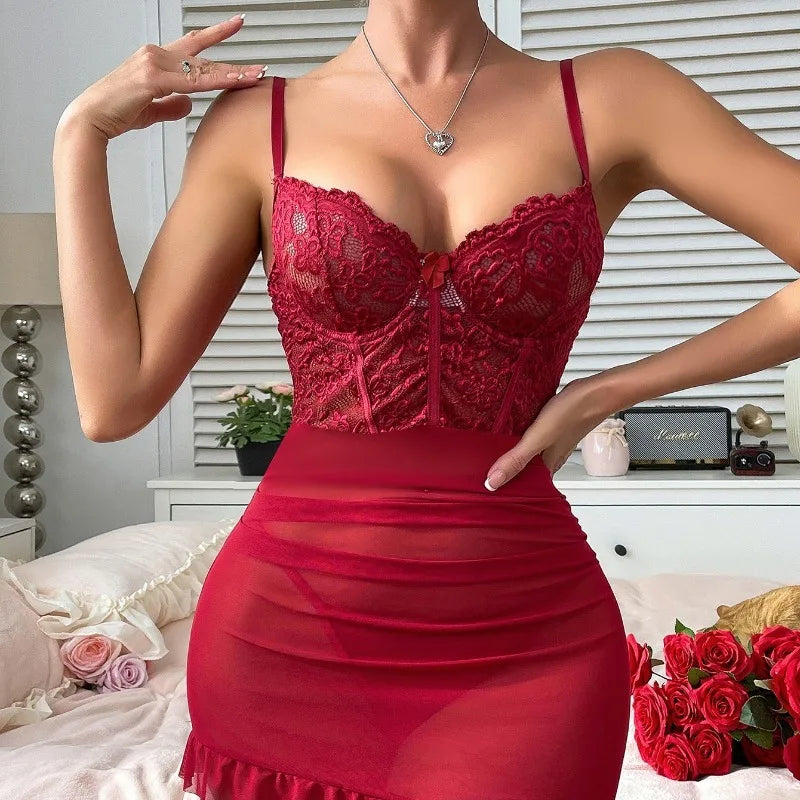 Toucheart Erotic Pajamas Sling Mesh Solid Color Slim Backless See-through Elegant Pajamas Set