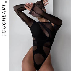 Toucheart Female Lingerie Girl Mesh See-through Long-sleeved Tight Jumpsuit Solid Color Long-sleeved Jumpsuit