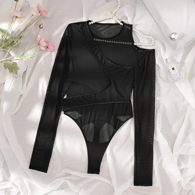 Toucheart Female Lingerie Girl Mesh See-through Long-sleeved Tight Jumpsuit Solid Color Long-sleeved Jumpsuit