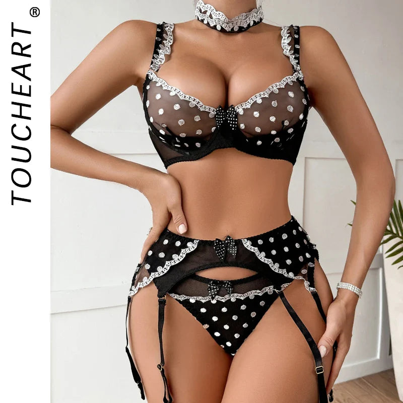 Toucheart Female Lingerie Polka Embroidery Perspective Steel Bracelet Bra Black Underwear Lingeries