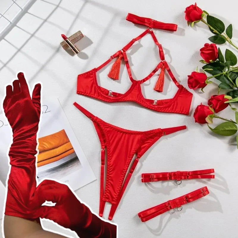 Toucheart Female Lingerie Tassel Lingerie Set Out Erotic Set Solid Brief Tassel Temptation Underwear