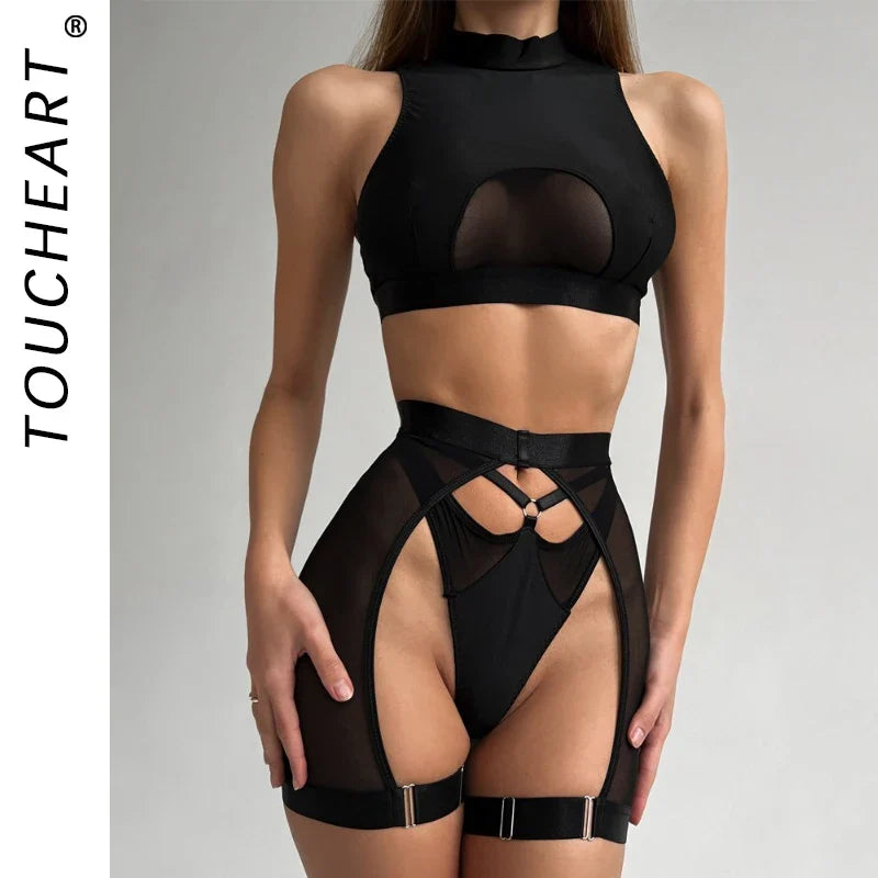 Toucheart Female Lingerie Micro Underwear Wireless Underwear Stylish Perspective Solid Color Bra Set