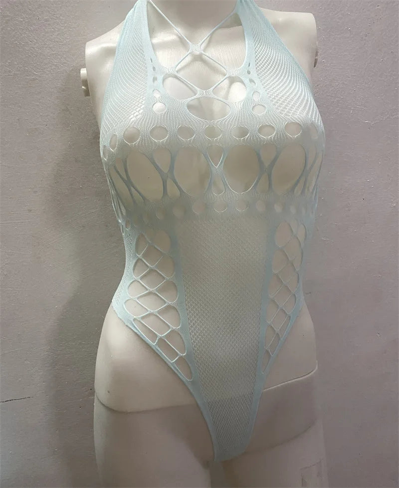 Toucheart Fishnet Cutout Jumpsuit Solid Color Mesh Halter See-through Backless Jumpsuit Lingerie