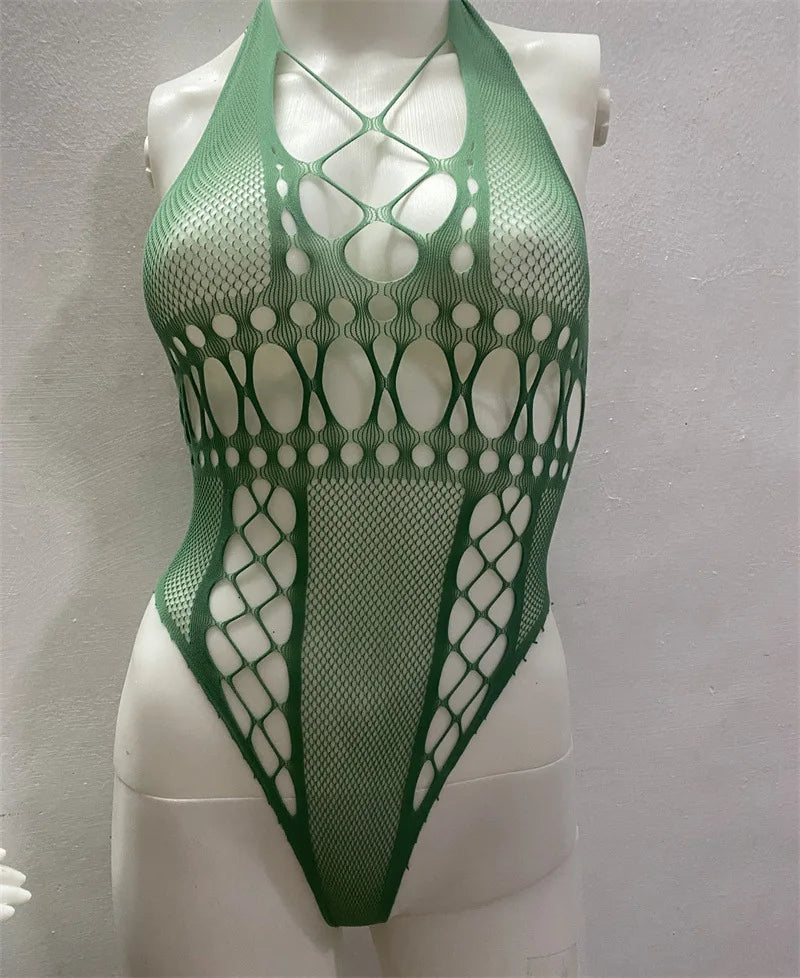 Toucheart Fishnet Cutout Jumpsuit Solid Color Mesh Halter See-through Backless Jumpsuit Lingerie