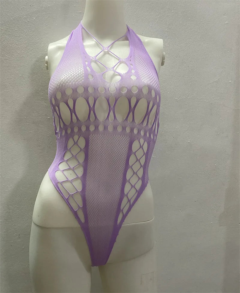 Toucheart Fishnet Cutout Jumpsuit Solid Color Mesh Halter See-through Backless Jumpsuit Lingerie