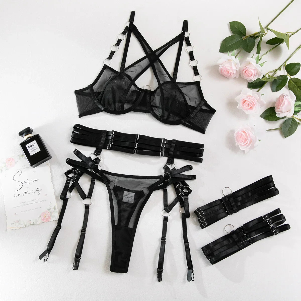 Toucheart Floral Embroidery Underwear Steel Ring Bra Lace Mesh Webbing Waistband Hanging Erotic Lingerie Suit