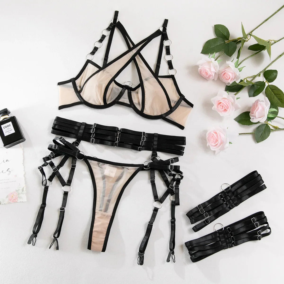 Toucheart Floral Embroidery Underwear Steel Ring Bra Lace Mesh Webbing Waistband Hanging Erotic Lingerie Suit
