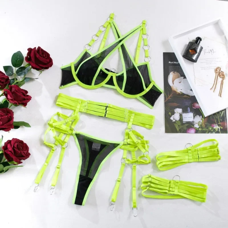 Toucheart Floral Embroidery Underwear Steel Ring Bra Lace Mesh Webbing Waistband Hanging Erotic Lingerie Suit