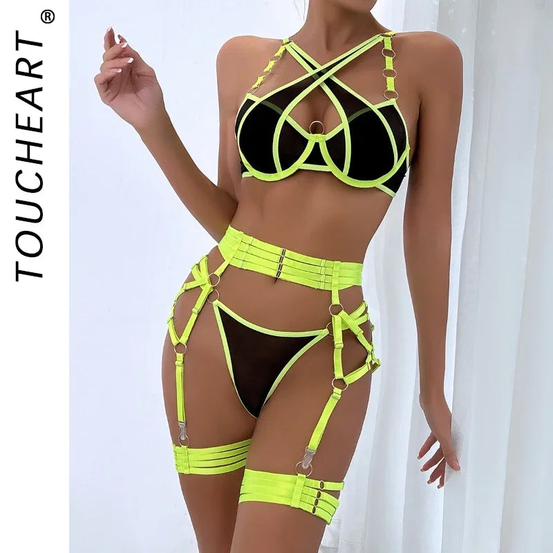 Toucheart Floral Embroidery Underwear Steel Ring Bra Lace Mesh Webbing Waistband Hanging Erotic Lingerie Suit