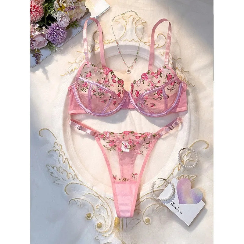 Toucheart Floral Lingerie Panty Lace Embroidery Slim Backless See-through Erotic Underwear Set