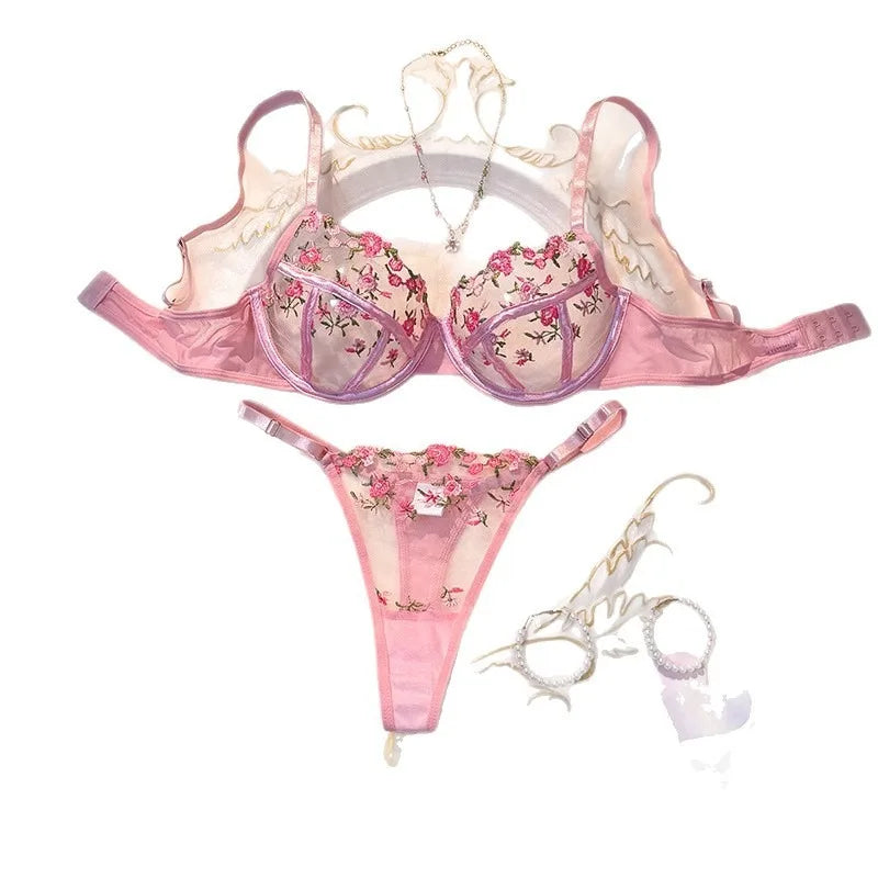 Toucheart Floral Lingerie Panty Lace Embroidery Slim Backless See-through Erotic Underwear Set