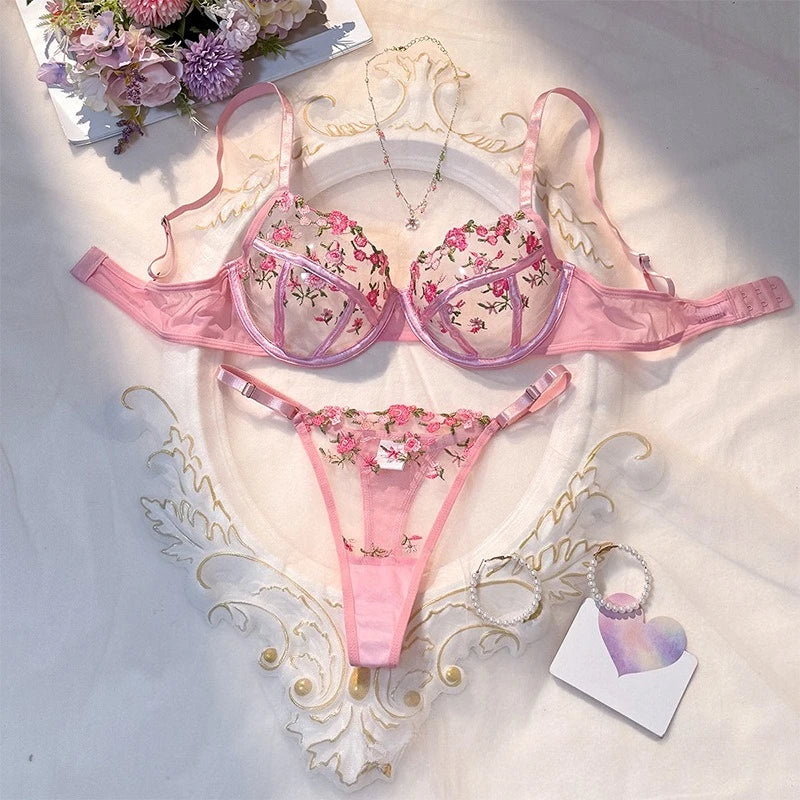 Toucheart Floral Lingerie Panty Lace Embroidery Slim Backless See-through Erotic Underwear Set
