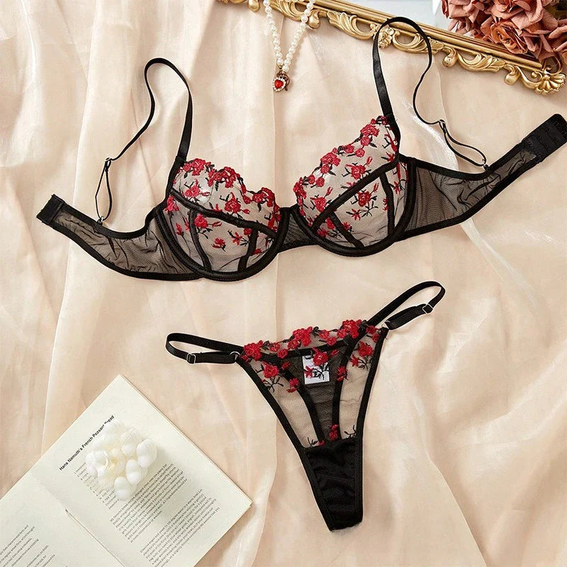 Toucheart Floral Lingerie Panty Lace Embroidery Slim Backless See-through Erotic Underwear Set