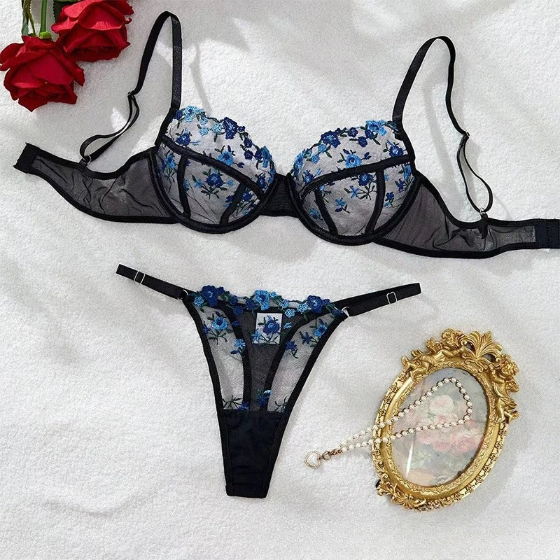 Toucheart Floral Lingerie Panty Lace Embroidery Slim Backless See-through Erotic Underwear Set