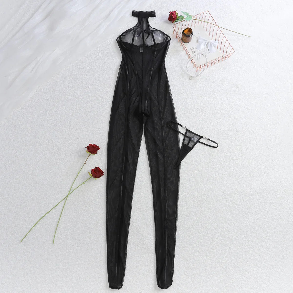 Toucheart Halter Bodysuit with Panty Mesh Thin Model See-through Slim Lace Set