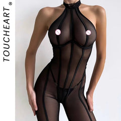Toucheart Halter Bodysuit with Panty Mesh Thin Model See-through Slim Lace Set