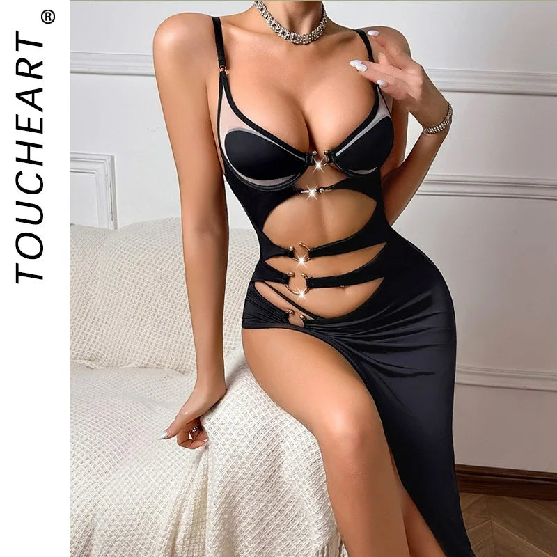 Toucheart Dress Panty 2PCS Irregular Ring Buckle Backless Charming Private Erotic Dress Set