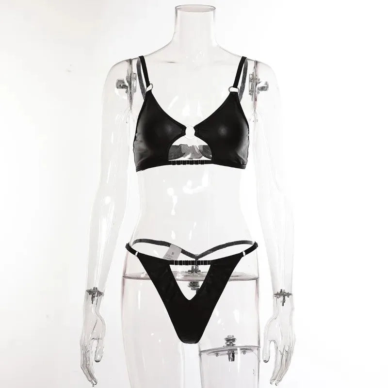 Toucheart Halter Chain Lingeries Bra Set Exotic Glossy Pu Leather Set Underwear Bra Set Lingerie